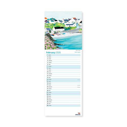 An inside page of the 2026 Sunny Days Calendar, showing February 2026 with a seaside cove illustration