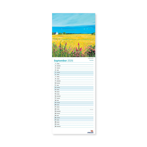 An inside page of the 2026 Sunny Days Calendar, showing September 2026 with an illustration of a yellow field and sea in the background