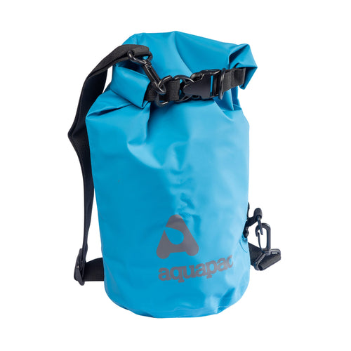 A blue Aquapac roll-top drybag with black shoulder straps.
