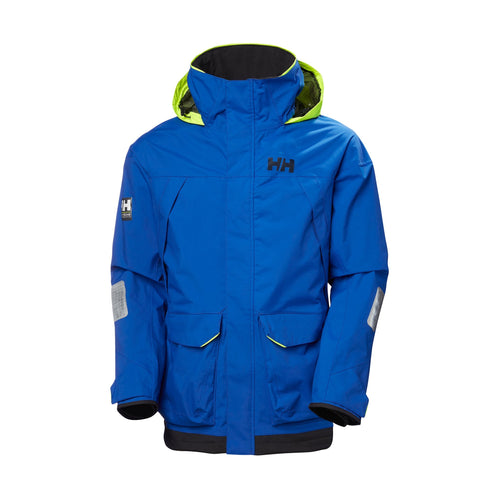 A blue Helly Hansen sailing jacket with neon yellow hood for visibility.