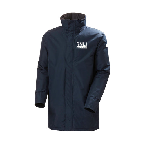 A navy jacket with a high collar and full zip. With the RNLI Since 1824 logo in white on the left chest.