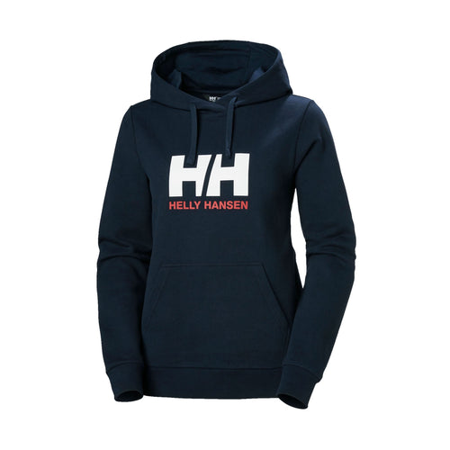 A navy women's hoodie with the Helly Hansen HH logo on the chest in white and red. It has a hood and kangaroo pocket.