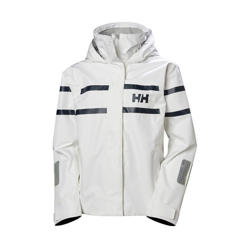 A white Helly Hansen women's jacket with a full zip and contrasting black details.