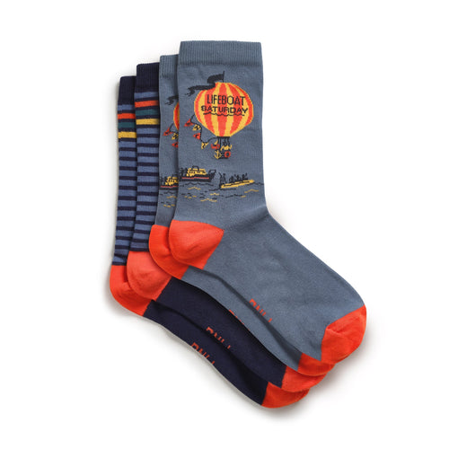 A pack of two pairs of socks with RNLI-inspired designs on them.
