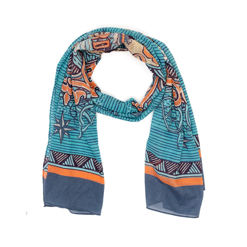 A printed scarf in shades of turquoise and peach. With an illustrated design.