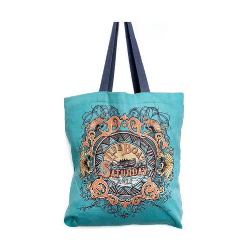 A turquoise tote bag with navy handles. With an illustrated RNLI design.