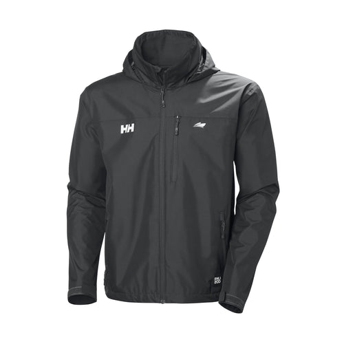 A dark grey, long-sleeved jacket with a high collar, full zip and logo details in white.