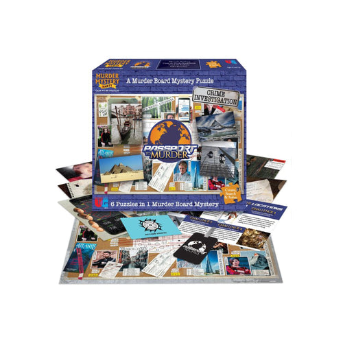 Murder Mystery Passport Murder game box with contents spread out underneath.