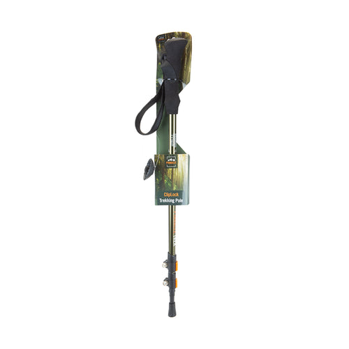 An extendable trekking pole with a black handle and wrist loop.