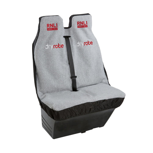 A grey RNLI Dryrobe car seat cover with red RNLI and dryrobe logos on them.