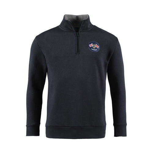 A navy long sleeve sweatshirt with a high collar and an embroidered badge on the left chest.