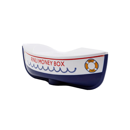 An RNLI money boxed in the shape of an old lifeboat.