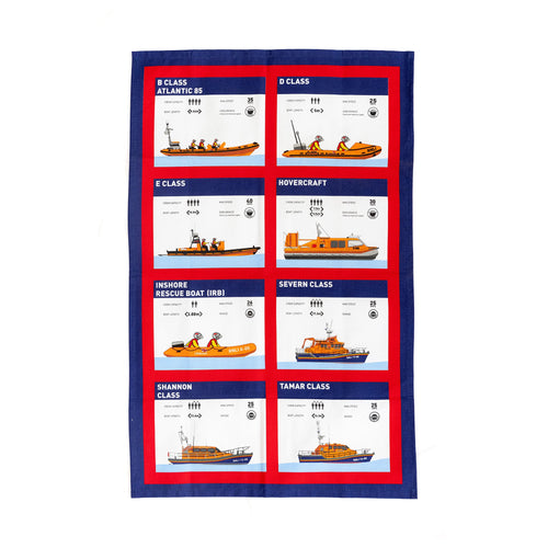 A tea towel featuring illustrations of RNLI lifeboats alongside their specifications.