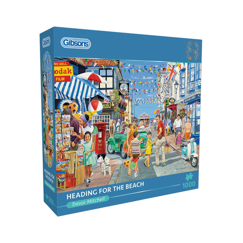 A 1000 piece jigsaw puzzle box with an illustration of a seaside town.