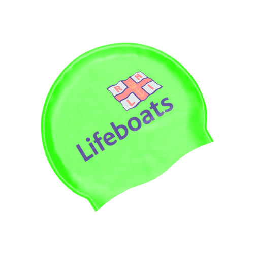 A neon-green swim cap with the RNLI Lifeboats logo printed on the side.