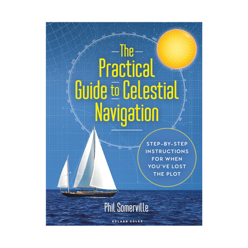 Celestial Navigation Book cover. A blue background featuring navigation chart lines with a sailing boat image. The cover features the title in yellow, 'The Practical Guide to Celestial Navigation.' and the strapline says, 'Step by step instructions for when you've lost the plot.'