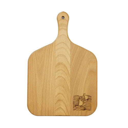 A light-coloured wooden cutting board with RNLI engraving on the bottom right side.