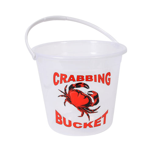A large clear bucket with an illustration of a crab in orange with the words, "crabbing bucket" alongside.