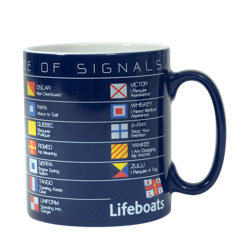 A navy RNLI mug with showing sailing flag codes alongside their meaning.