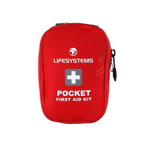 A red zipped pouch with first aid supplies inside.