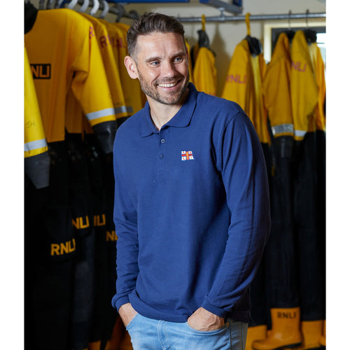 RNLI Flag Logo Long Sleeve Polo, Navy