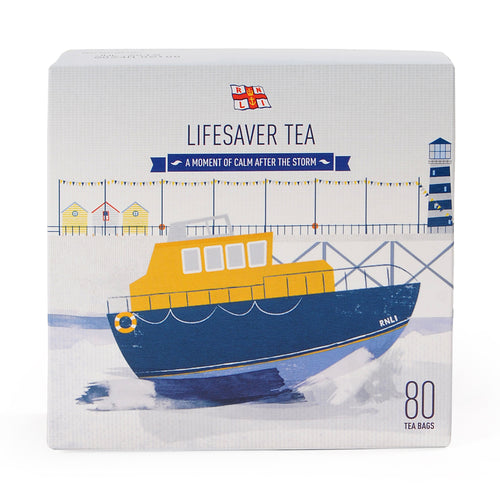 A box of RNLI lifesaver tea with an illustrated lifeboat on the front.