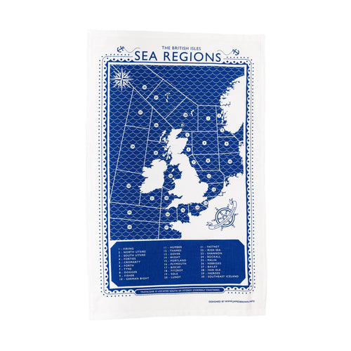 A Shipping Forecast Tea Towel, printed in blue and white.