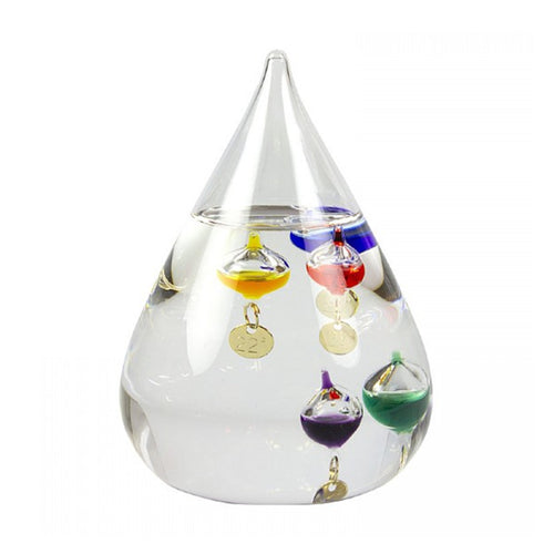 Teardrop-shaped glass thermometer with coloured glass temperature drops floating inside.
