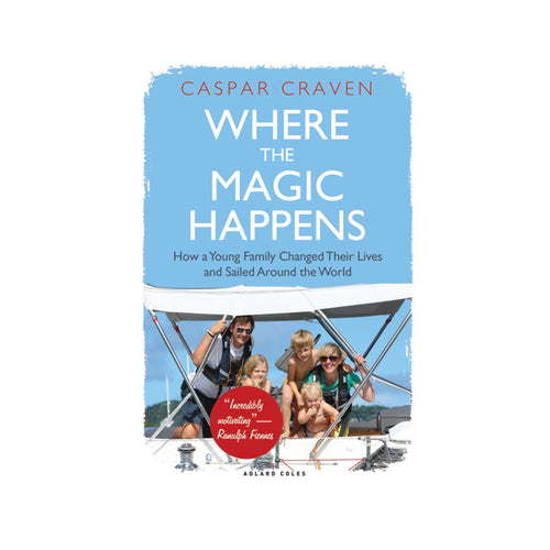 Where The Magic Happens Book cover. The title is printed in white on a sky blue background, 'Where the Magic Happens.' The strapline says, 'How a young Family Changed Their Lives and Sailed Around the World.' At the bottom of the cover there is a photographic image of a  young family on their boat, smiling at the camera.