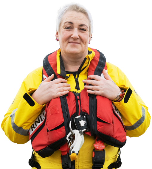 RNLI Crew member wearing a red life jacket and yellow raincoat on a white background