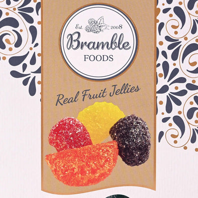 Close up of Bramble Foods Real Fruit Jellies packaging.
