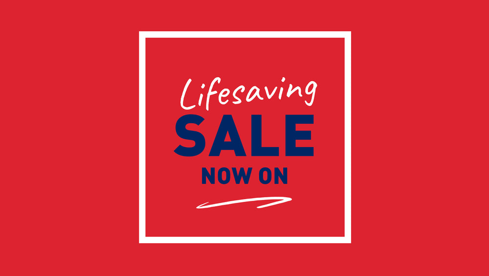 Red background with 'Lifesaving Sale Now On' text in a white box. 