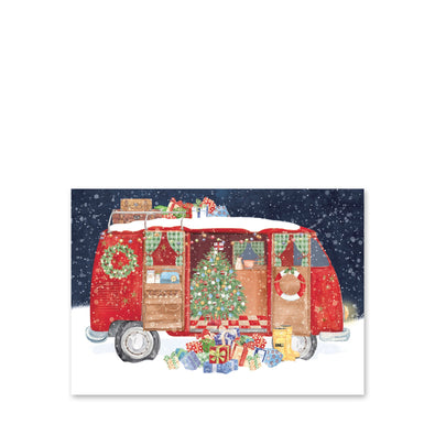 An RNLI Christmas card with a red camper van in the snow. The camper is filled with presents. 
