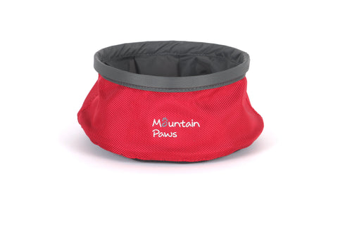 A collapsible red dog bowl