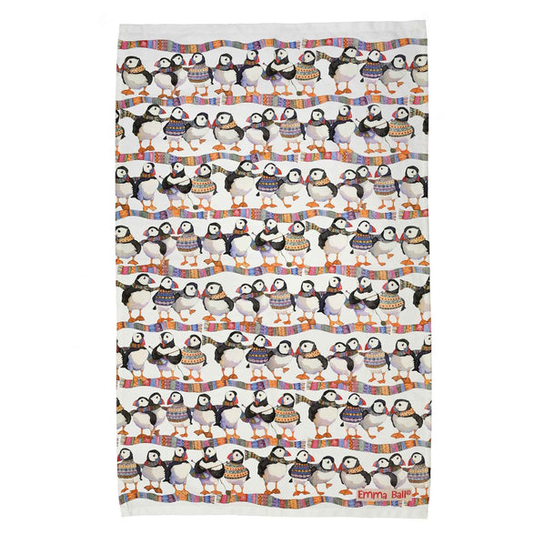 Emma Ball Puffins in Scarves Tea Towel