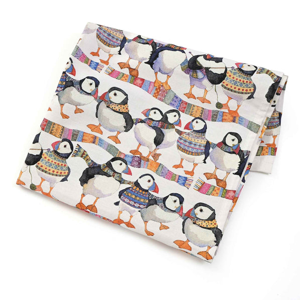Emma Ball Puffins in Scarves Tea Towel