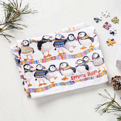 Emma Ball Puffins in Scarves Tea Towel