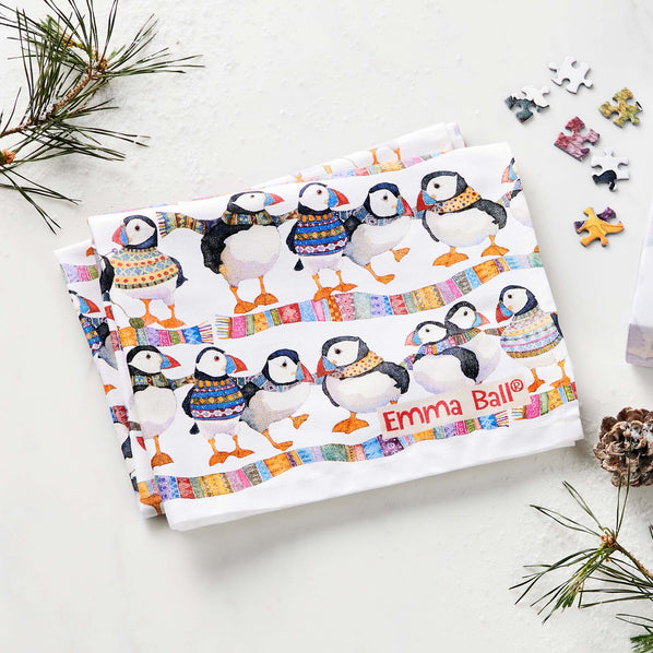 Emma Ball Puffins in Scarves Tea Towel