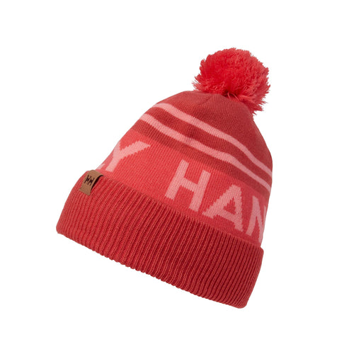 A red knit beanie with a matching pom-pom.