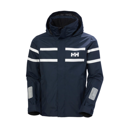 A navy sailing jacket for men in navy with a white chest print. It features a full zip, reflective details and a high collar.