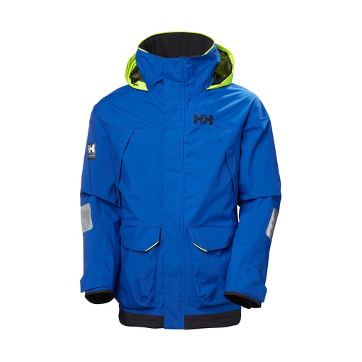 A blue Helly Hansen sailing jacket with neon yellow hood for visibility. 