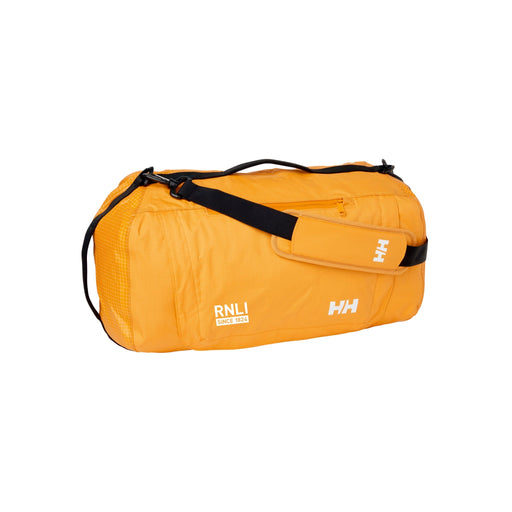 An orange, 35 litre duffel bag from Helly Hansen. With white RNLI Since 1824 logo on the front.
