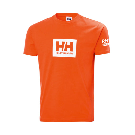 A men's orange, short sleeved t-shirt with a white Helly Hansen chest print and the RNLI Since 1824 logo on the sleeve.