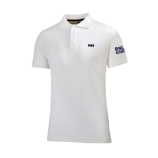 A white Helly Hansen polo shirt with the RNLI Since 1824 logo on the left sleeve.
