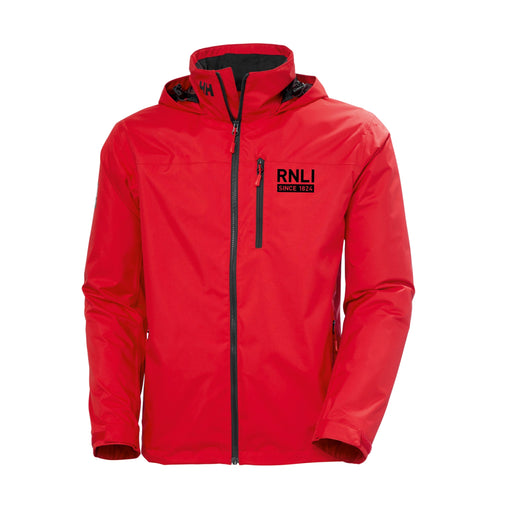 A red jacket from Helly Hansen with a full zip, high collar and packable hood.