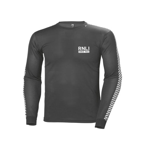 A long sleeve t-shirt in deep grey with white arm details and the RNLI Since 1824 logo on the left chest.