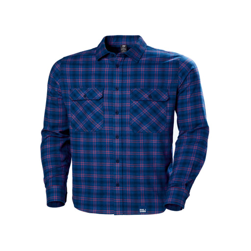A checked shirt with button front and two large chest pockets. With the RNLI logo on the hem.
