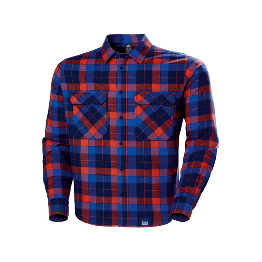 A checked shirt with collar and button front. With two chest pockets and the RNLI logo on the hem.