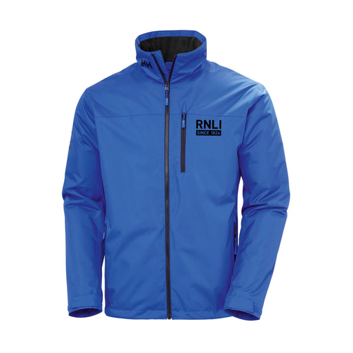 A blue waterproof jacket from Helly Hansen with a high collar and full zip. 