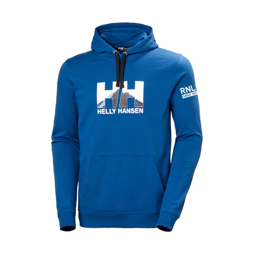 A blue men's hoodie from Helly Hansen with a mountain design on the chest. 
